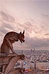 A gargoyle on Notre Dame de Paris cathedral looks over the city, Paris, France, Europe