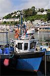 Fishing boats moored in Looe harbour, Cornwall, England, United Kingdom, Europe