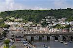 Overview of Looe harbour and bridge linking East and West Looe, Cornwall, England, United Kingdom, Europe