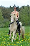 Young woman riding a icelandic horse on a meadow in spring, Germany