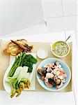 Salsa verde, mixed seafood, fennel, zucchini, asparagus, broccolini and bread