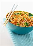 Chinese noodles with salmon,peas and broccoli