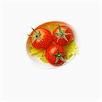 Three tomatoes on celery leaves