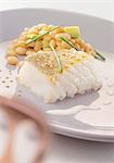 Steamed cod with sesame seeds and coconut milk,white beans with diced avocado