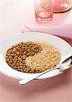 Yin and Yang-shaped plate of lentils and rice