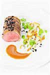 Spanish pork fillet with chanterelles and finely chopped black trumpet mushrooms