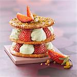 Crunchy pastry,strawberry and pistachio whipped cream dessert