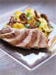 Roast veal rump,farfalles with chanterelles and sugar peas