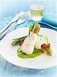 Rolled sole fillets stuffed with sliced zucchini,red pepper,green asparagus and green beans