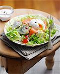 Salmon and artichoke mixed salad with a poached egg