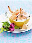 Pink grapefruit with fromage blanc and shrimps