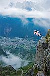 Europe, France, Haute Savoie, Rhone Alps, Chamonix Valley, base jumper at Brevant
