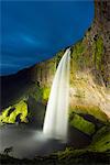 Iceland, southern region, Seljalandsfoss waterfall, sunset