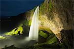 Iceland, southern region, Seljalandsfoss waterfall, sunset