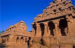 Asia, India, Tamil Nadu, Mahabalipuram (Mamallapuram).   Two of the Five Rathas, rock cut temples.