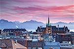 St Francois Church and city skyline at sunset, Lausanne, Vaud, Switzerland