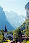 Europe, Swiss Alps, Switzerland, Bernese Oberland, Swiss Alps Jungfrau-Aletsch, Unesco World Heritage site, church in Lauterbrunnen Valley