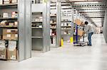 Female warehouse worker collecting orders on delivery trolley