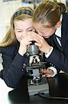 Canada, Québec, Montreal, private school, 2 girls using microscope