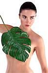 Naked woman holding leaf in front of her chest