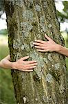 Woman hugging tree trunk