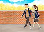 Students walking besides brick wall while going to school