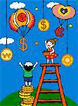 Children reaching for various currency symbols