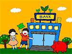 Children and piggy bank in front of bank