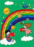 Children on clouds holding piggy bank, rainbow in background