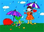 Girl standing with piggy bank holding umbrella