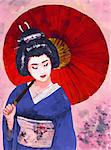 Geisha woman in kimono with umbrella