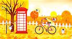 Angels flying near telephone box besides bicycle