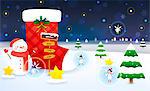 Angels, christmas stocking and snowman on winter landscape