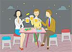 An illustration showing three friends drinking beer at a bar.
