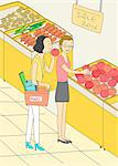 An illustration showing two friends grocery shopping.