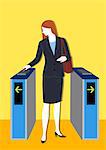 Businesswoman using pass at ticket barrier