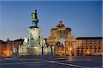 Statue of King Jose I and Arco da Rua Augusta in Praca do Comercio illuminated at Dusk, Baixa, Lisbon, Portugal