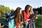 Group of pre-teens sitting on fence, looking at tablet computers and cellphones, outdoors, Florida, USA