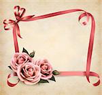 Retro holiday background with pink roses and ribbons. Vector illustration.