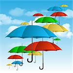 Colorful umbrellas flying high. Vector illustration