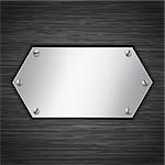 Metallic banner attached with screws. Blank tablet on dark brushed metallic background. Vector illustration