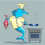 The smiling dolphin - the cook, in a kitchen uniform prepares fish
