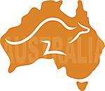 A stylized map of Australia with a kangaroo running across it - the word Australia is written on the map