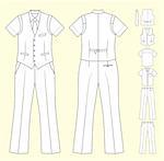 The suit of the cashier or seller (waistcoat, shirt, tie, trousers) isolated on light-yellow.  Outline vector illustration isolated on white. EPS8 file available.