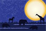 Card with african animals silhouettes over moon