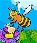 Cartoon Illustration of Funny Bee on the Meadow with Pot of Honey or Nectar