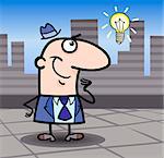 Cartoon Illustration of Man or Businessman with Idea in the City