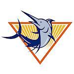 Illustration of a blue marlin fish jumping set inside triangle done in retro style.