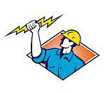 Illustration of an electrician construction worker holding a lightning bolt set inside diamond shape done in retro style in isolated white background.