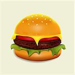 Big Hamburger with Beef, Lettuce, Cheese and Tomato. Vector illustration.